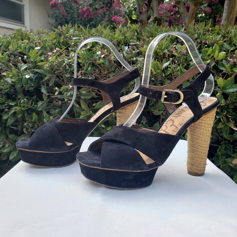 SAM EDELMAN Black Suede Cork Platform Heeled Sandals, size 8.5